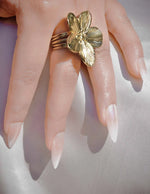 Close-up of floral petal textures on golden adjustable ring