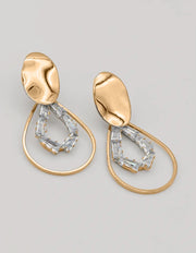 gold dangly earrings with unique crystal drop frame, stylish montreal minimalist jewellery for women