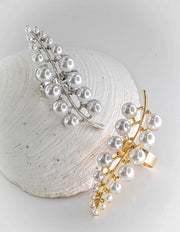 Gold silver pearl vine ring on white shell background – elegant cheap engagement ring