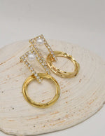 close up of luxe pearl glam dangling earrings featuring crystal rectangle top and layered gold hoops, TikTok viral jewelry Canada