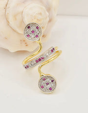 radiant twist golden stone wedding ring with ruby and diamond accents, elegant engagement jewellery for women in canada