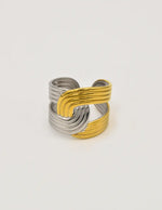 two_tone_adjustable_ring_front_view_goden_and_silver_open_band_ring_montreal_minimalist_style